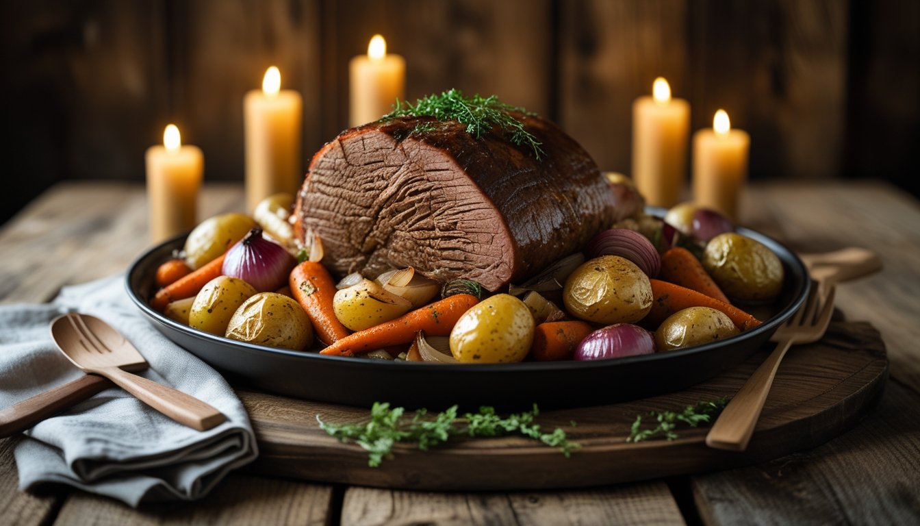 Rustic homemade classical pot roast served family-style with vegetables and gravy.