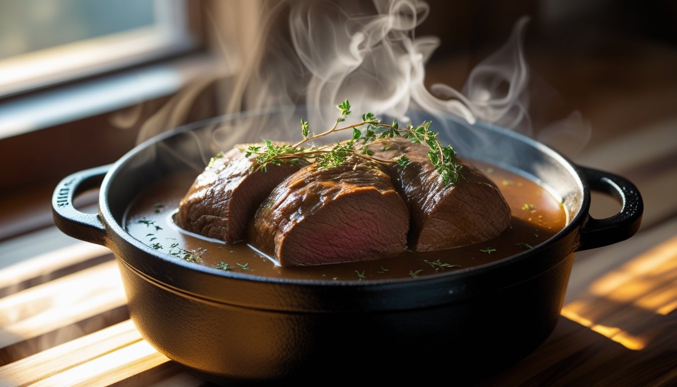 Homemade classical pot roast simmering in a cast-iron Dutch oven with herbs.