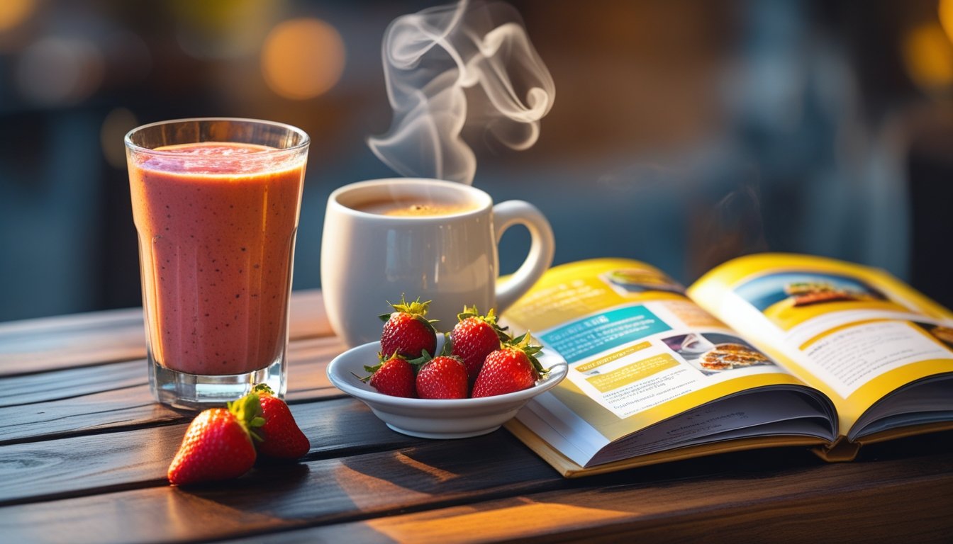 Café-style scene with strawberry smoothie glass, coffee cup, and recipe book on wooden table.