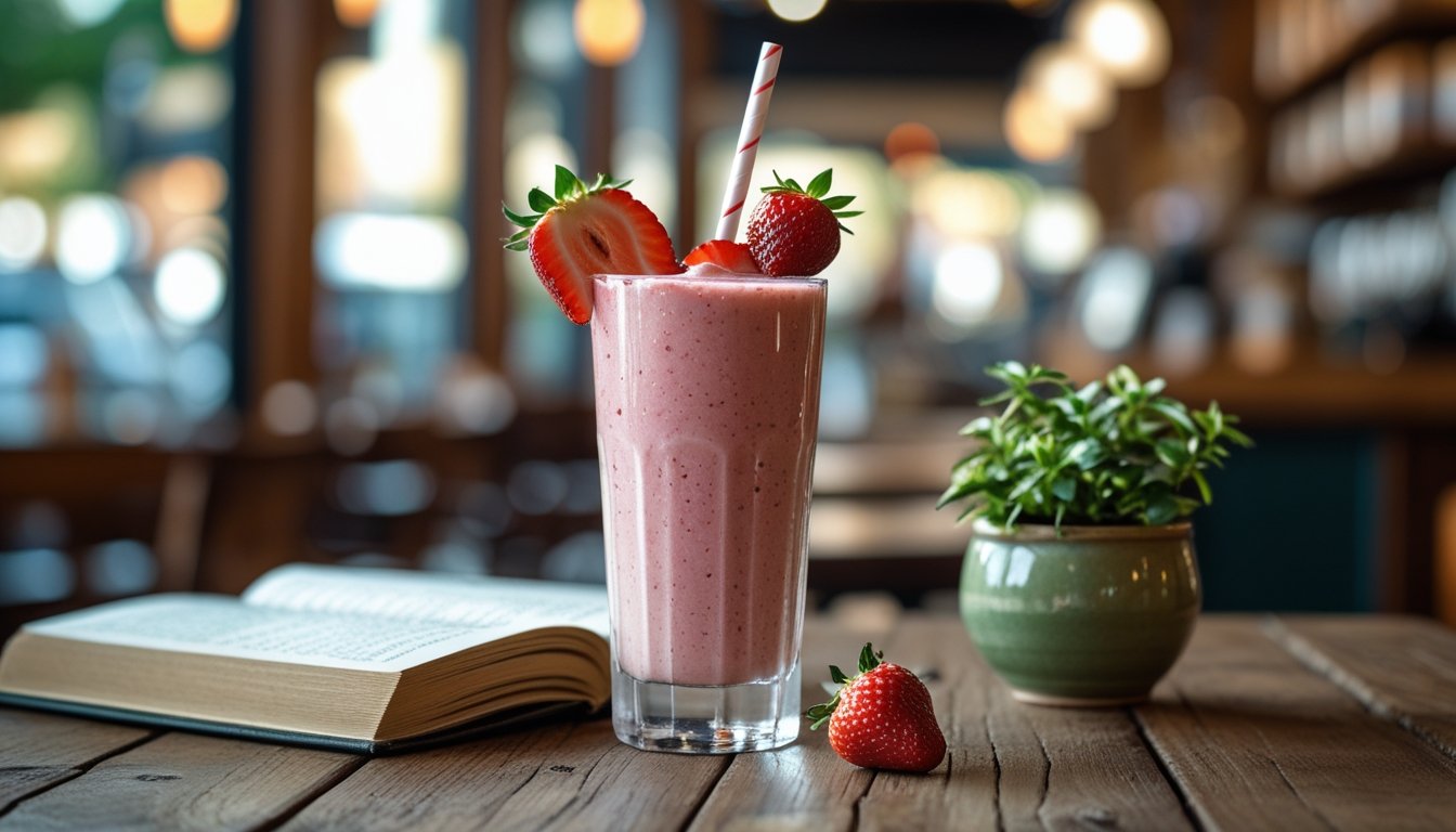Panera-style strawberry smoothie served on a wooden café table with fresh strawberries.