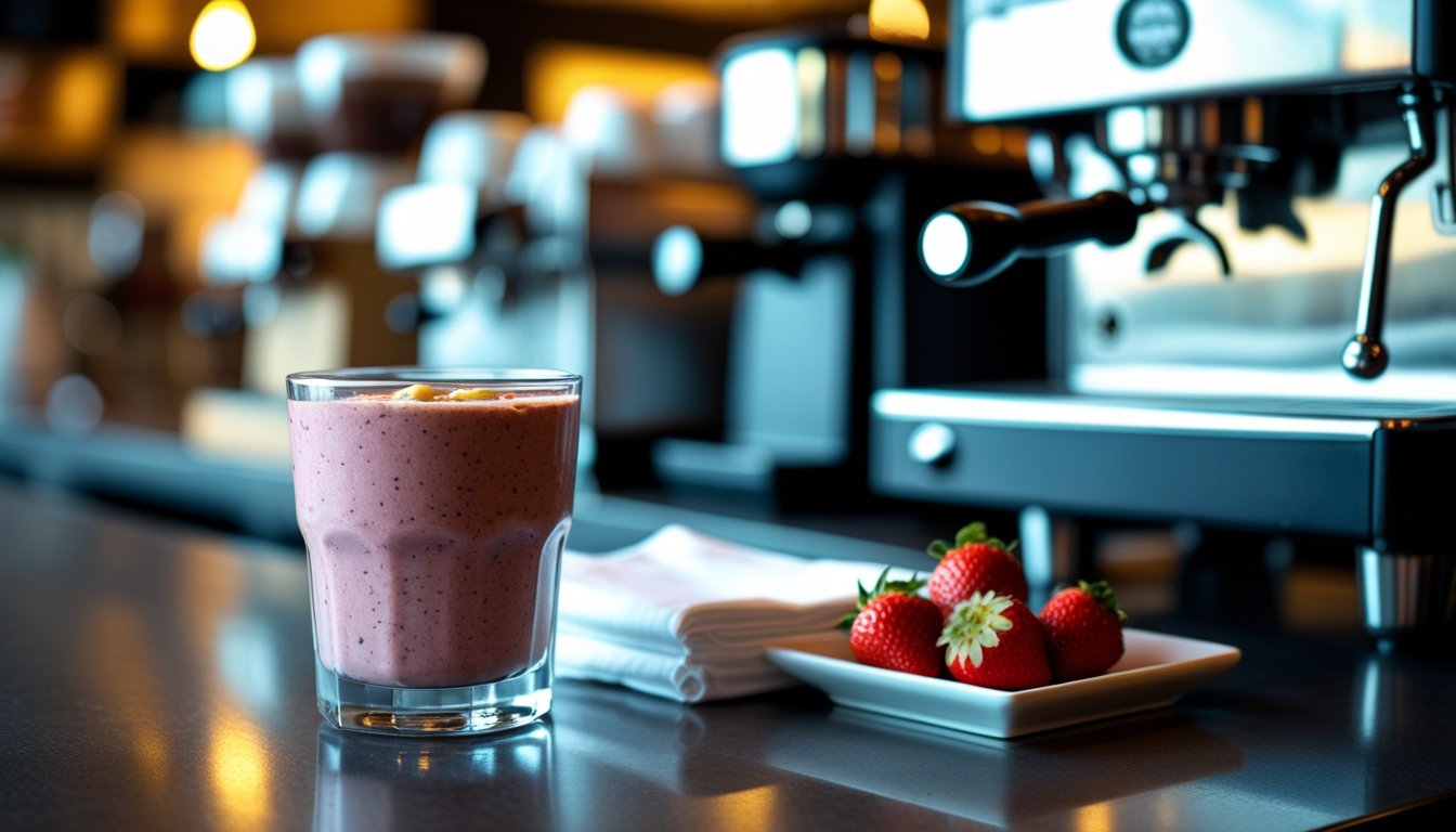 Panera-inspired strawberry smoothie on café counter with fresh strawberries.