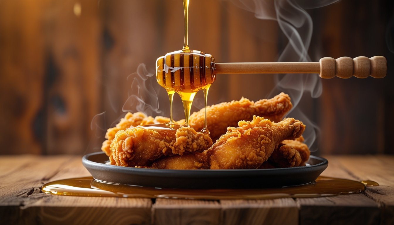 Hot honey sauce dripping from dipper over crispy fried chicken – sweet and spicy drizzle shot.