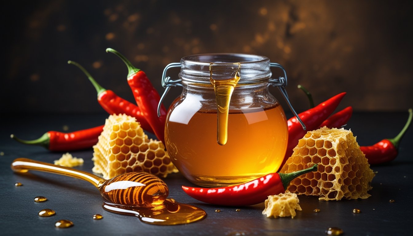 Jar of hot honey surrounded by red chilies and honeycomb symbolizing sweet heat flavor.