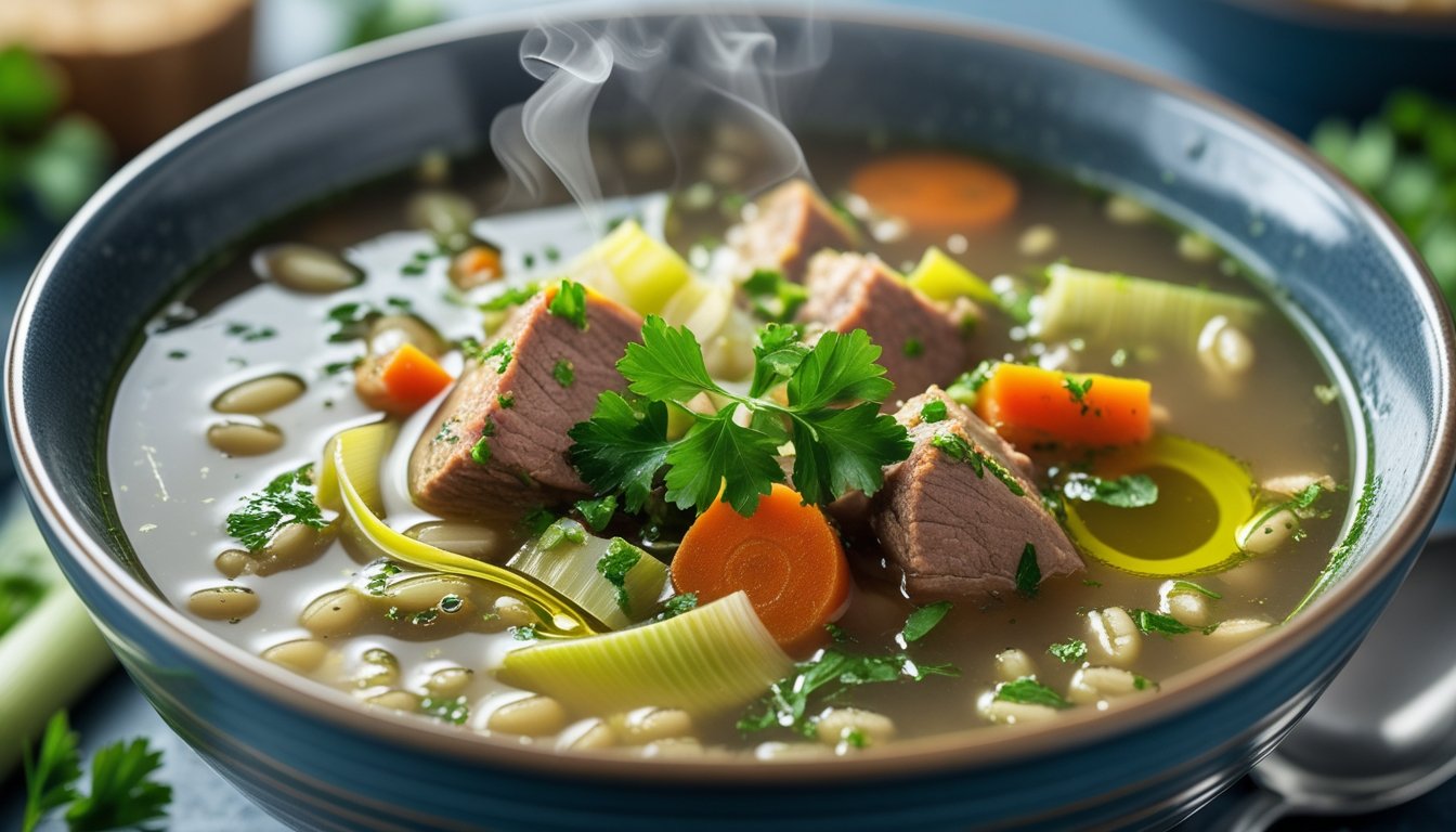 Close-up of Scotch Broth Scottish Soup garnished with parsley and olive oil, showing tender lamb, barley, and vegetables