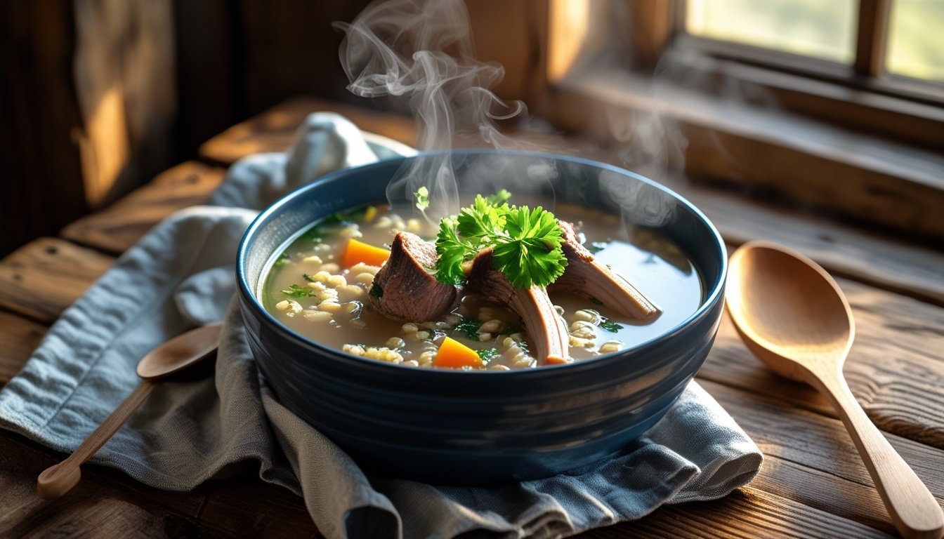 Rustic bowl of Scotch Broth Scottish Soup with lamb, barley, and parsley on a wooden table with spoon and napkin, warm and inviting