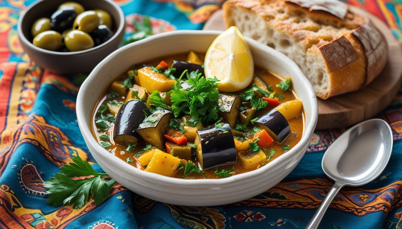 Aubergine & Pepper Saksuka served in a bowl, garnished with parsley and lemon, ready to eat with crusty bread and olives