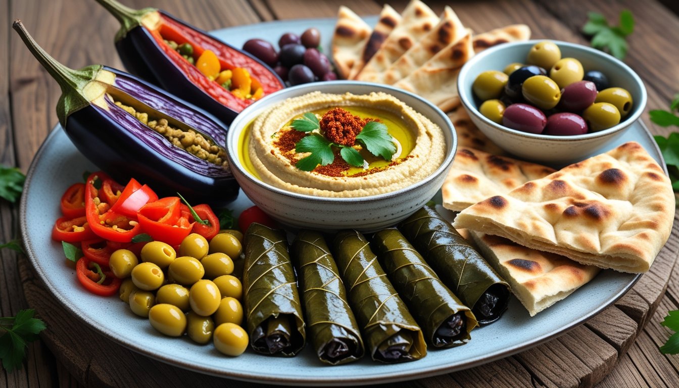 Turkish meze platter featuring Aubergine & Pepper Saksuka with hummus, stuffed grape leaves, olives, and pita bread