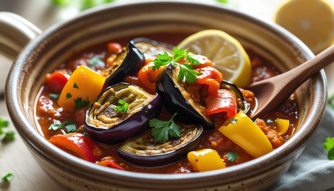 Aubergine & Pepper Saksuka in a rustic bowl with roasted vegetables, parsley, and lemon.