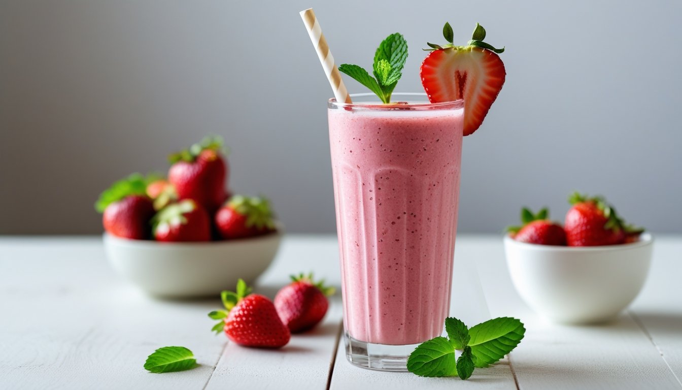 Panera-style strawberry smoothie served in a tall glass with a straw, garnished with strawberry and mint.