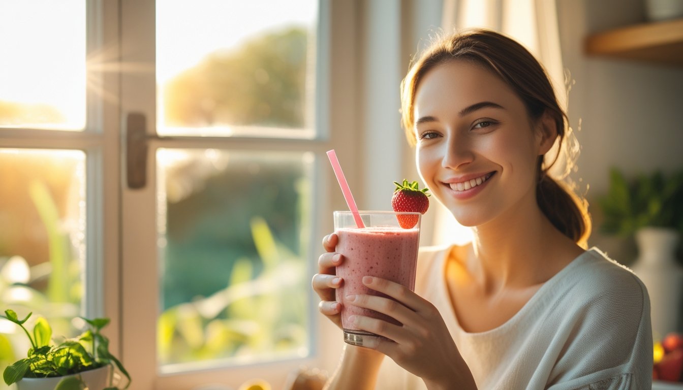Person enjoying a homemade Panera strawberry smoothie in a bright, cozy kitchen.