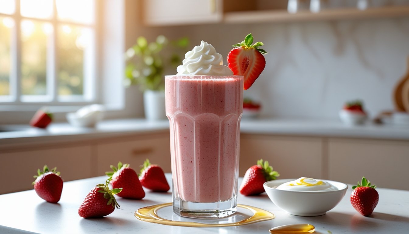 Creamy Panera strawberry smoothie topped with whipped cream and fresh strawberries on a marble counter