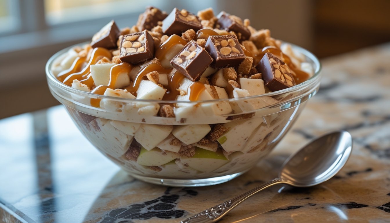 Serving of Apple Snicker Salad with caramel drizzle and Snickers topping in a dessert bowl.