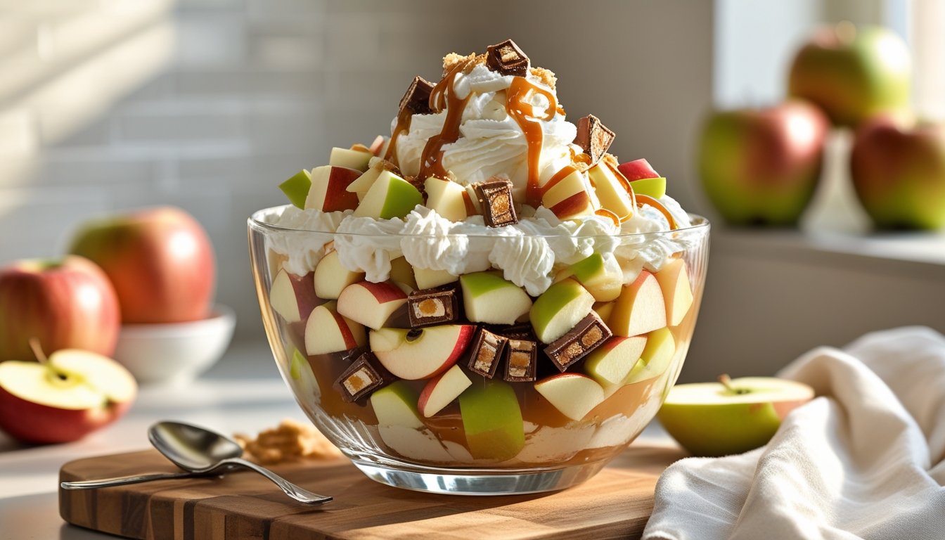 creamy Apple Snicker Salad topped with caramel and Snickers pieces in a glass bowl, styled for Pinterest with bold recipe title overlay.” Would you like me to tailor this for a specific platform format — like Pinterest pin, blog feature banner, or Instagram post (since each uses a slightly different aspect ratio and visual emphasis)?