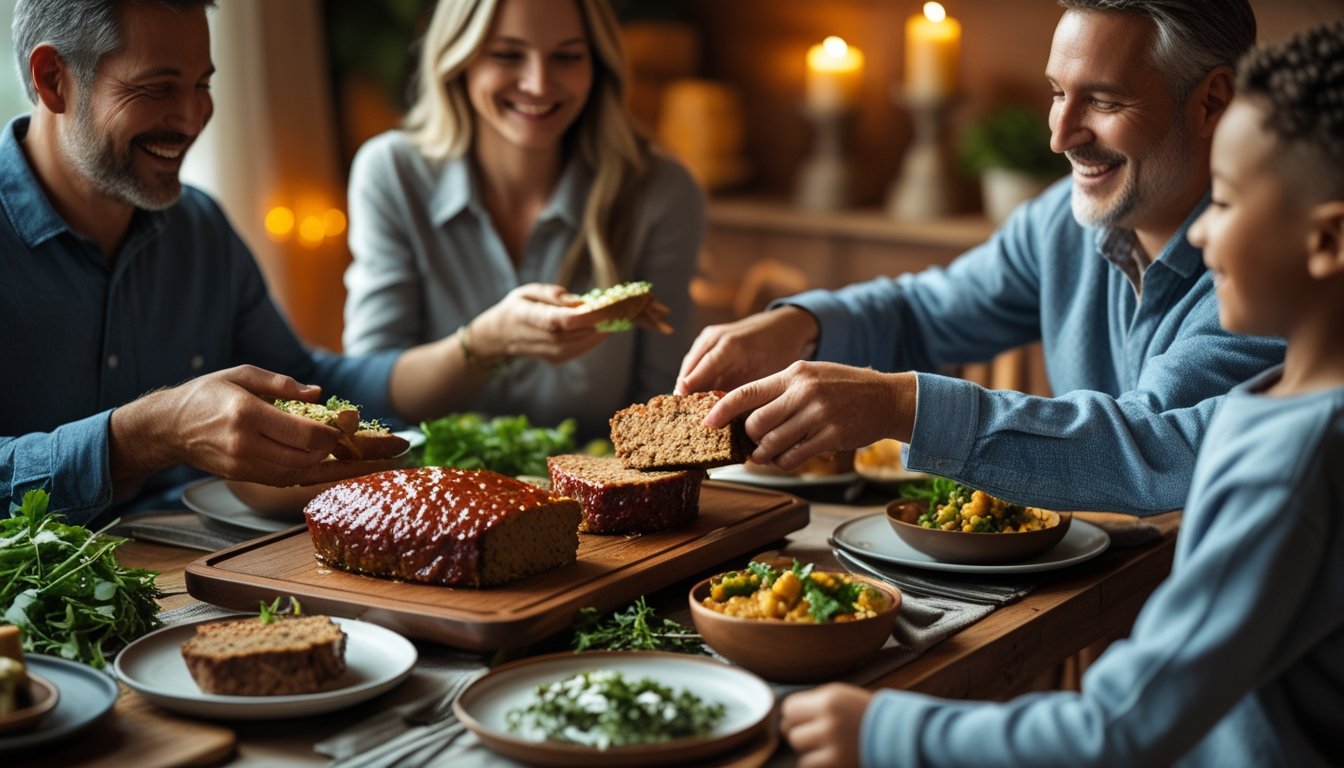 “Family serving and enjoying homemade meatloaf at dinner table.
