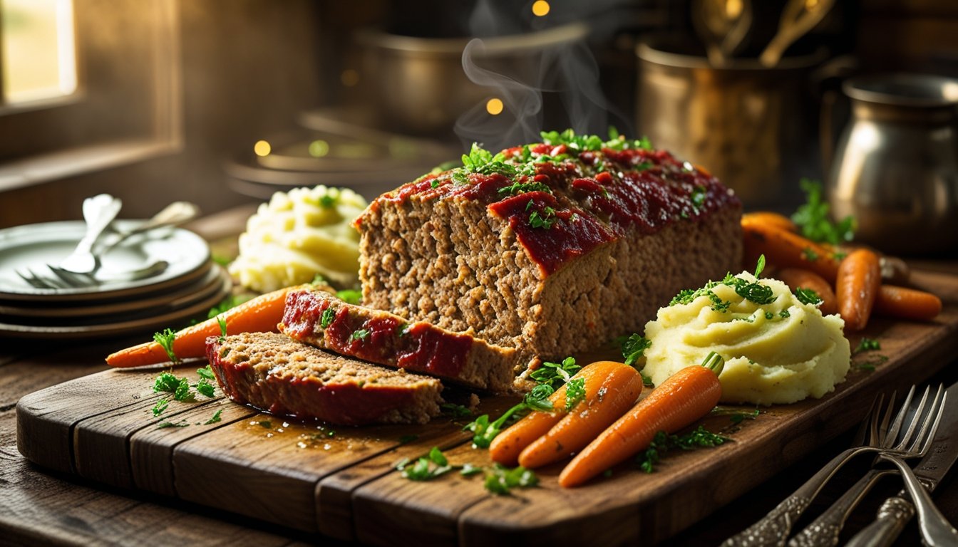 Homemade meatloaf sliced on a wooden board with mashed potatoes and roasted carrots.”