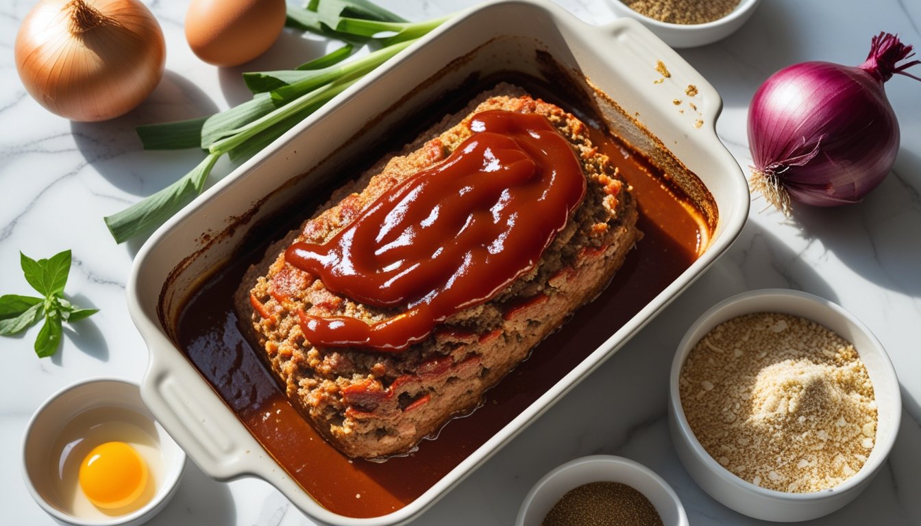 Overhead flat-lay of glazed baked meatloaf surrounded by simple fresh ingredients.