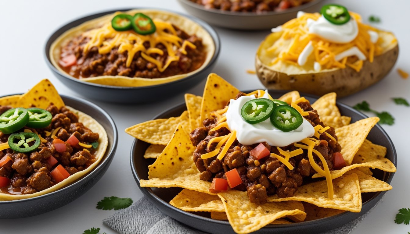 Chilli con carne served in tacos, baked potatoes, and nachos with toppings like cheese, jalapeños, and sour cream