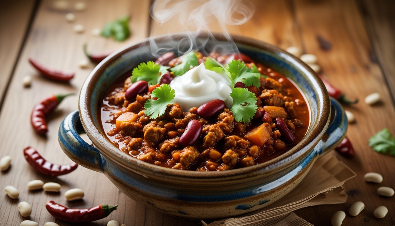 Steaming spicy chilli con carne in a rustic bowl garnished with coriander and sour cream on a wooden table