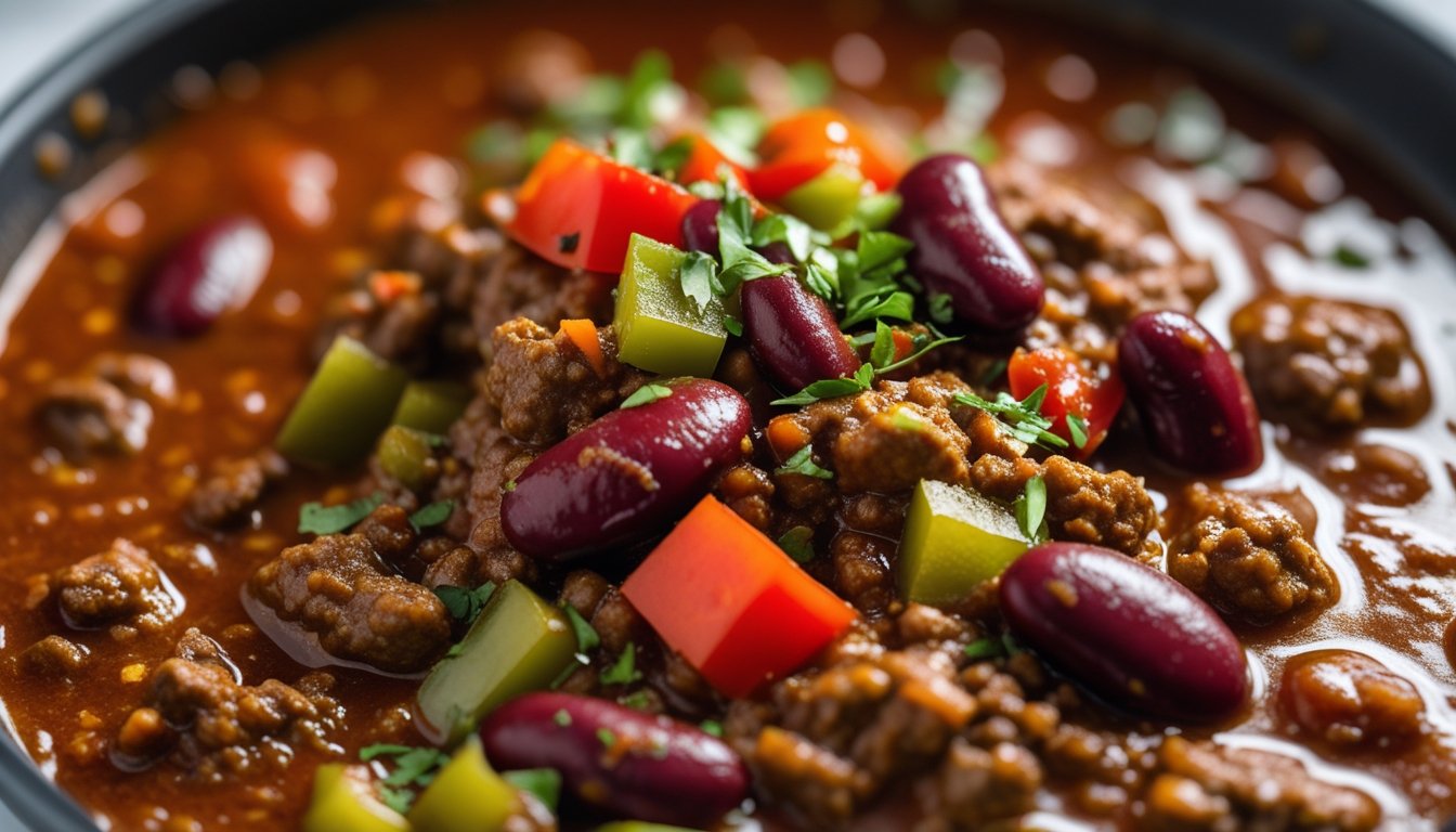 Close-up of thick, hearty chilli con carne with beef, beans, and diced bell peppers in rich tomato sauce.”