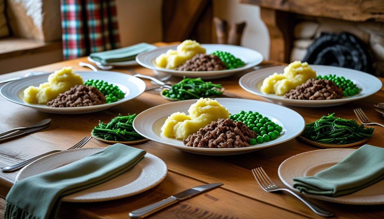 Rustic family table setting with plates of Mince and Tatties, mashed potatoes, vegetables, and warm lighting, depicting a cozy Scottish dinner