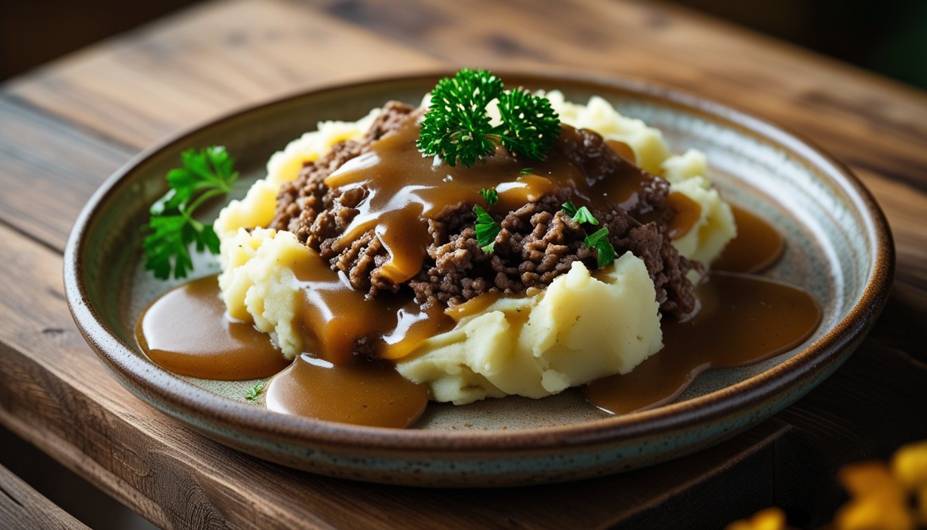 Mince and Tatties with rich gravy and fluffy mashed potatoes on a rustic plate, garnished with parsley