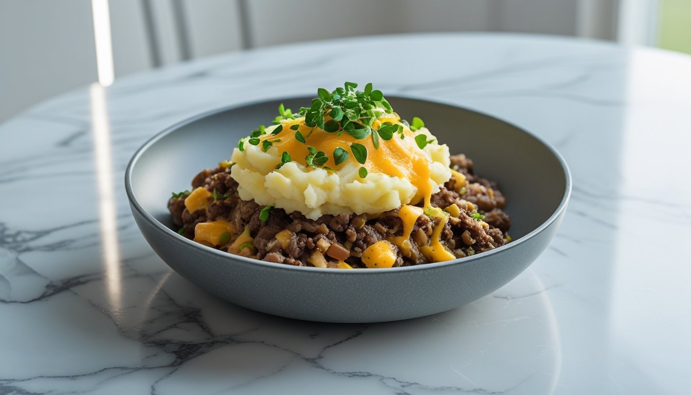 Modern twist on Mince and Tatties with cheesy mashed potatoes and fresh herbs, served in a contemporary bowl on marble surface