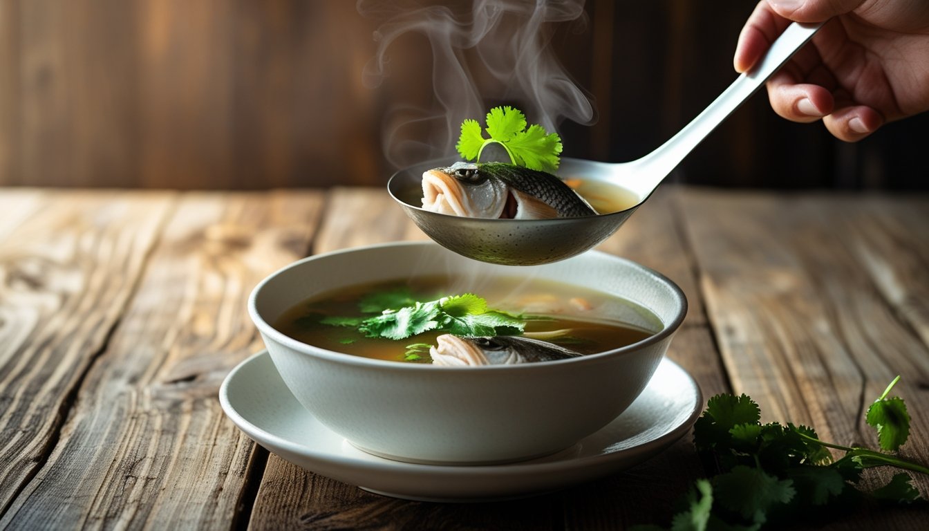 Serving hot fish head soup garnished with fresh cilantro in a bowl