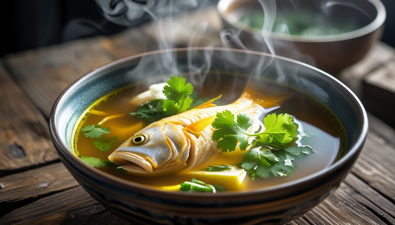 Rustic bowl of steaming fish head soup with vegetables and fresh herbs
