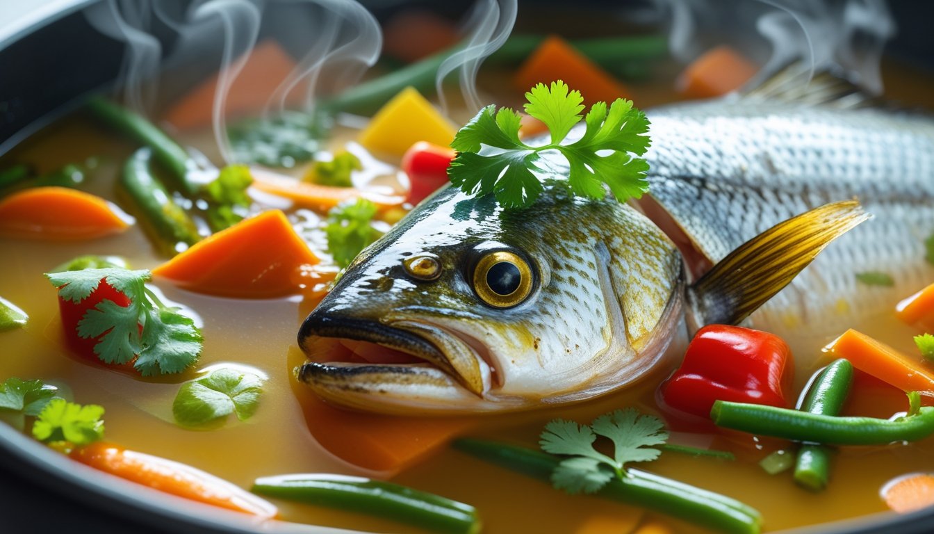 Close-up view of fish head soup showing fish head, vegetables, and fresh herbs