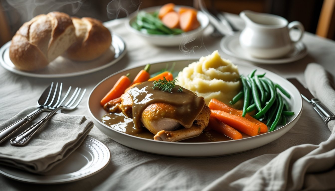 Easy homemade chicken and gravy served with mashed potatoes, vegetables, and bread roll for a comforting meal.