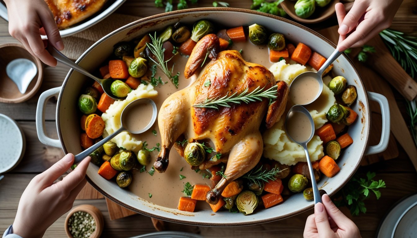 Family-style platter of homemade chicken and gravy with mashed potatoes and vegetables, perfect for a comforting meal.