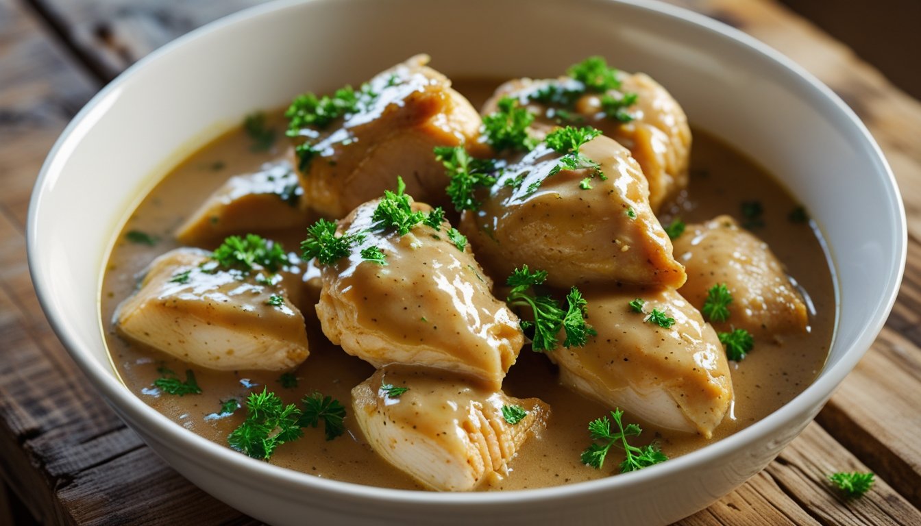 bowl of homemade chicken and creamy gravy, garnished with fresh parsley for a comfort food meal.