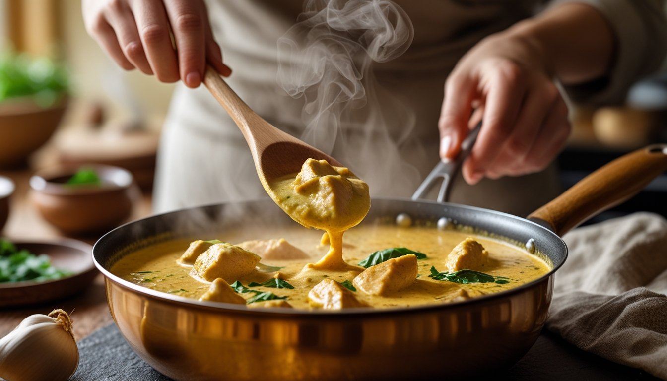 Hand stirring creamy chicken korma with coconut milk in a saucepan, showing rich texture and aromatic spices.