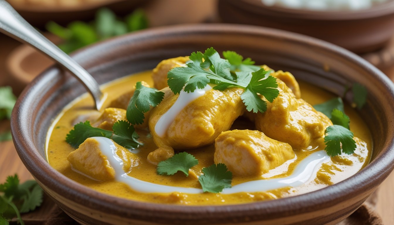 creamy chicken korma with coconut milk garnished with fresh coriander in a rustic bowl.”
