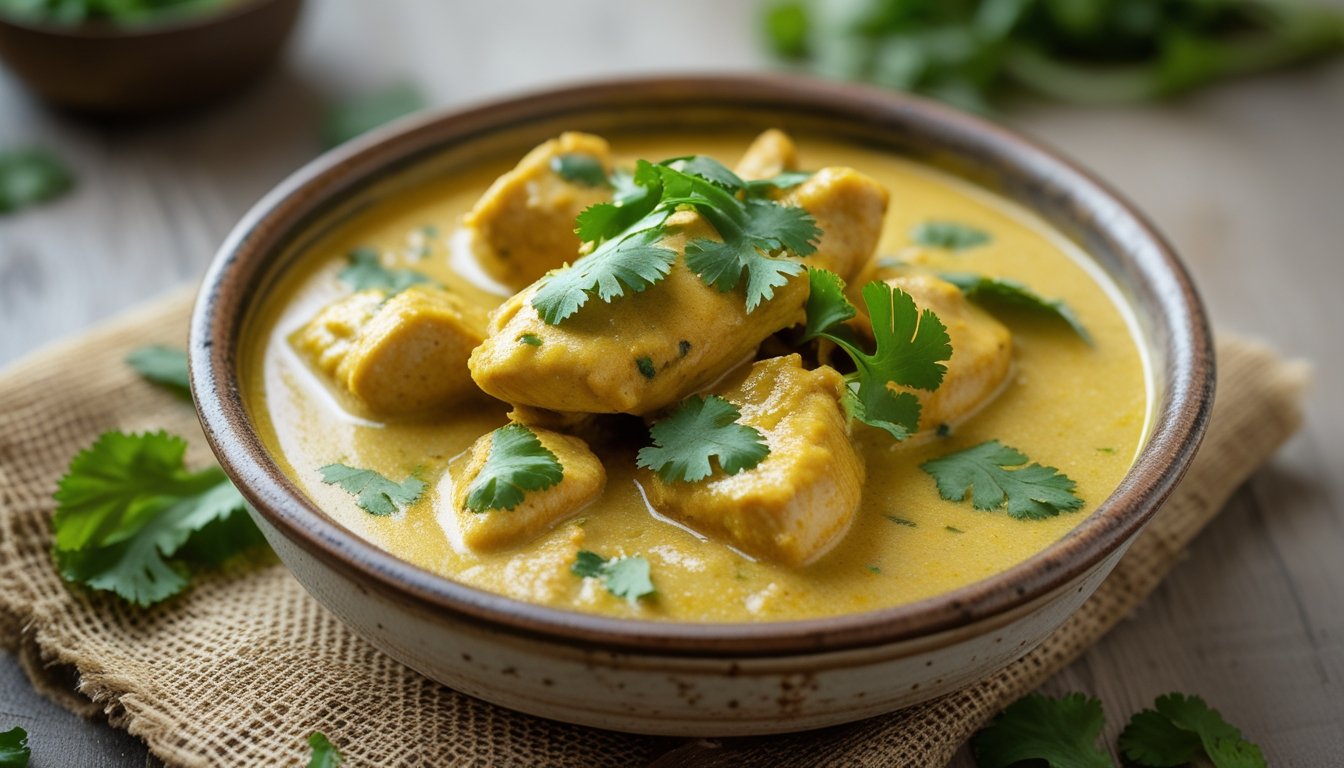 uthentic chicken korma with coconut milk served with rice, naan, and raita on a dining table.