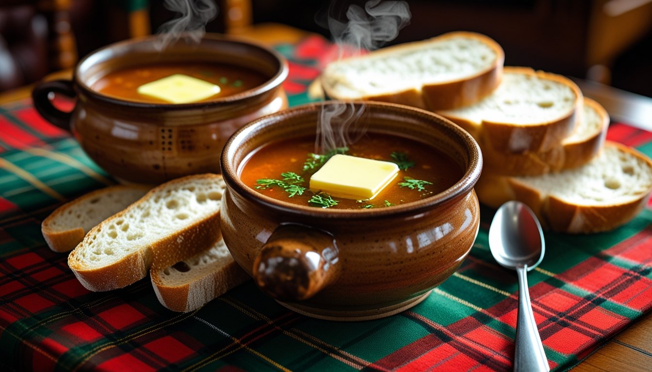 Two bowls of Scottish lentil soup with ham hough served with bread and butter on a tartan tablecloth.