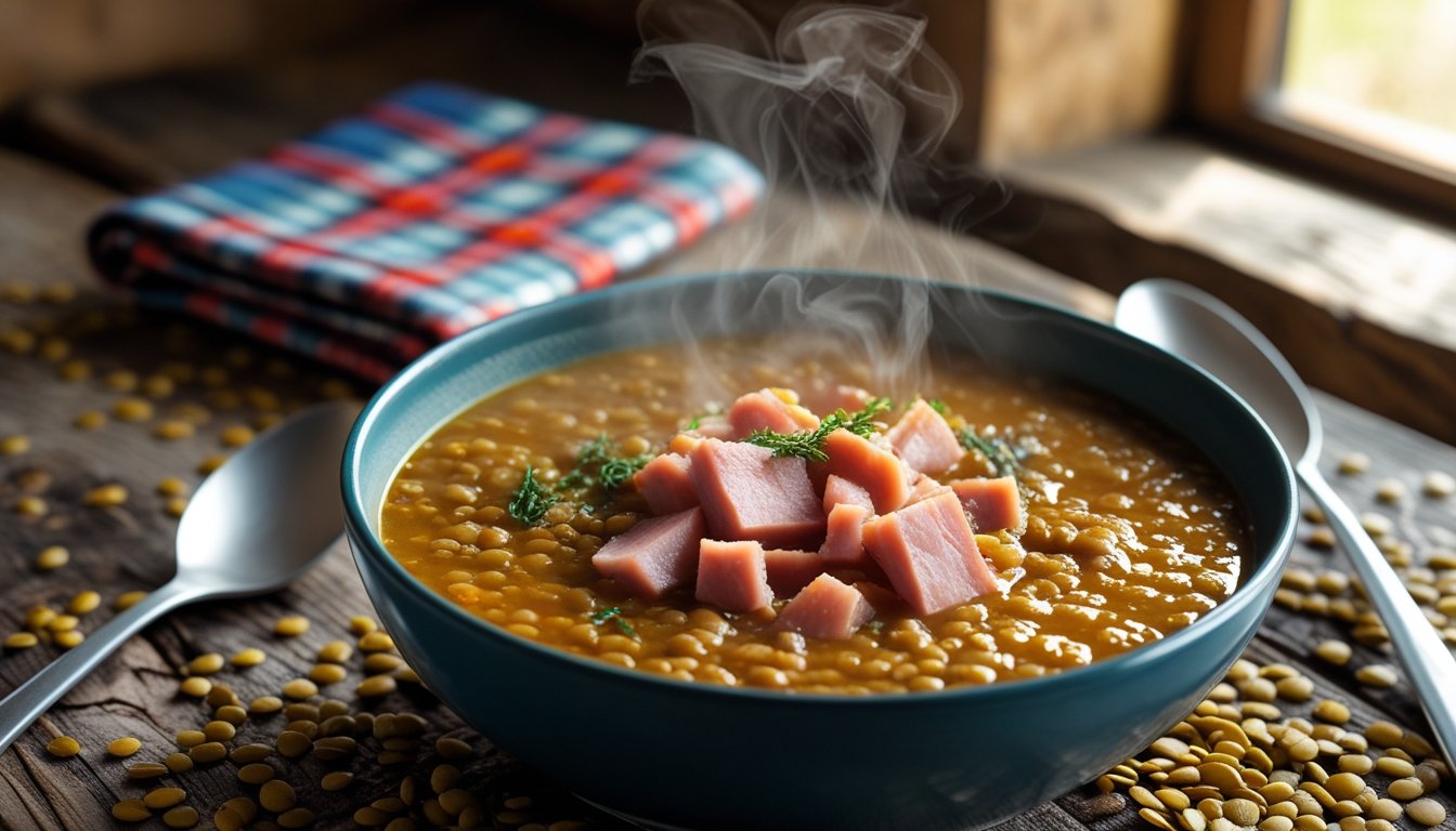 Rustic bowl of traditional Scottish lentil soup with ham hough, served on a wooden table with tartan napkin and natural light