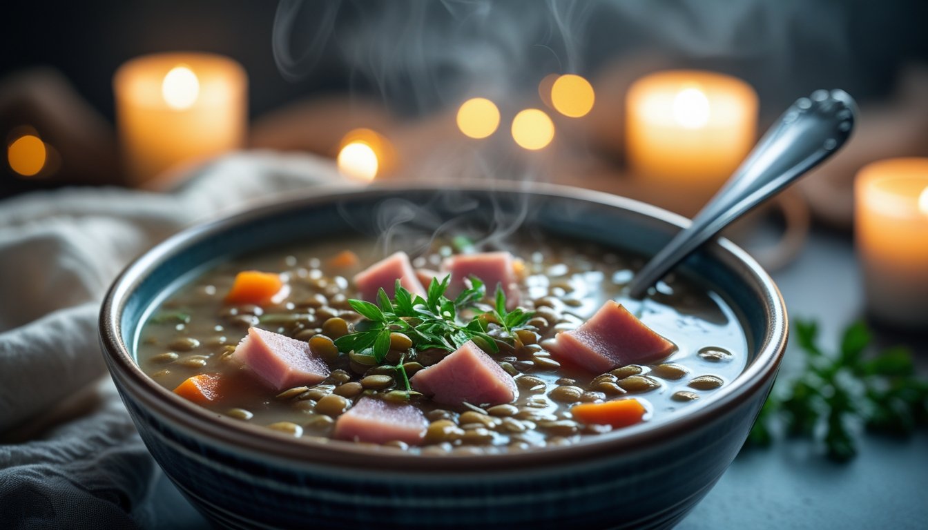 Scottish lentil soup with ham hough, highlighting texture and cozy dinner atmosphere.