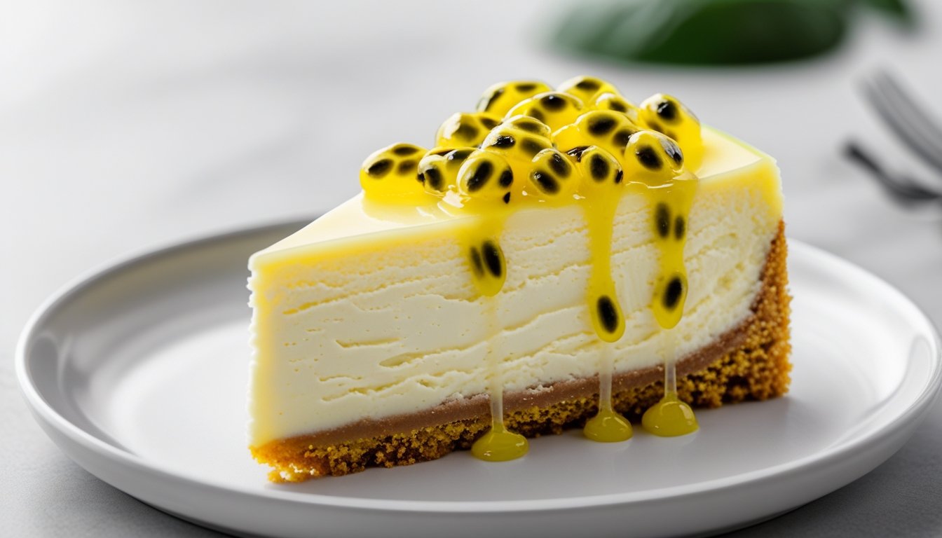 Slice of creamy passionfruit lime cheesecake with fruit topping and crumbly crust.