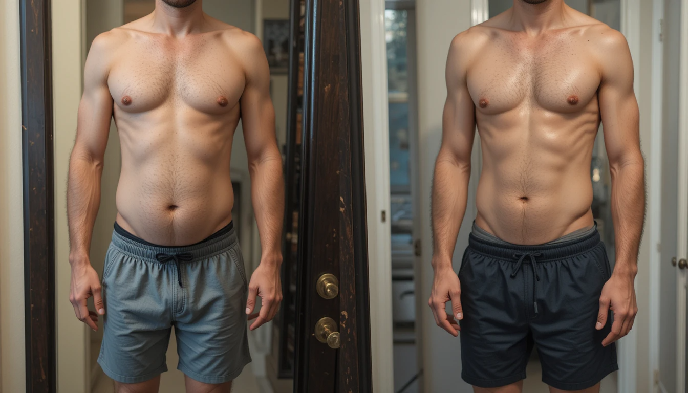 Realistic before and after photo showing 7-day keto diet results with visible weight loss differences in body shape
