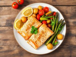 Salmon with roasted new potatoes and vegetables