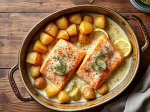 Easy Creamy Salmon, leek and Potato Traybake Recipe