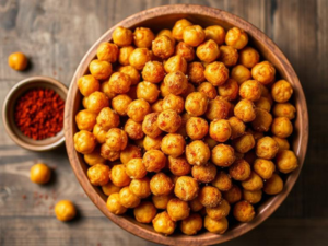Crispy golden air fryer chickpeas in a rustic bowl, seasoned with smoked paprika and garlic powder.
