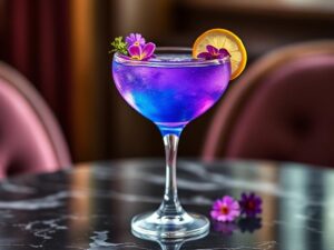 Quick Madame Butterfly Drink in a coupe glass with edible flowers and lemon wheel, showing color-changing effect