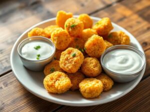 Crispy golden corn nuggets served with creamy ranch dip – easy restaurant-style snack ready in minutes.