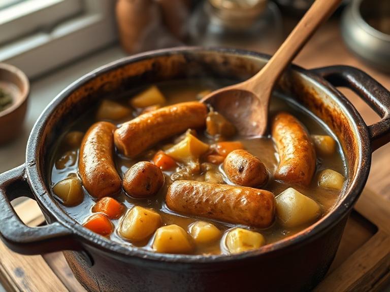 “Scottish stewed sausages with Bisto gravy in a rustic cast-iron pot, with carrots, onions, and potatoes, ready to serve