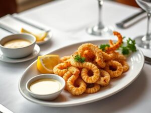 Crispy restaurant-style calamari steak with lemon and parsley garnish, served with garlic butter sauce.
