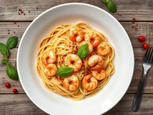 creamy tomato prawn pasta garnished with fresh basil and chili flakes in a white bowl.