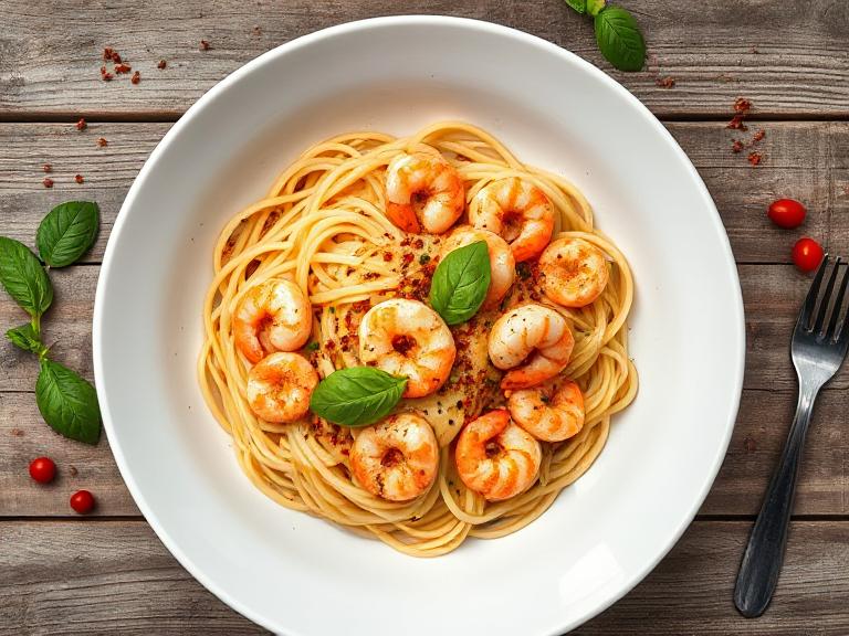 creamy tomato prawn pasta garnished with fresh basil and chili flakes in a white bowl.