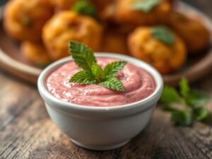 Creamy vibrant Pink Pakora Sauce Glasgow in a white bowl garnished with fresh mint, served with crispy pakoras